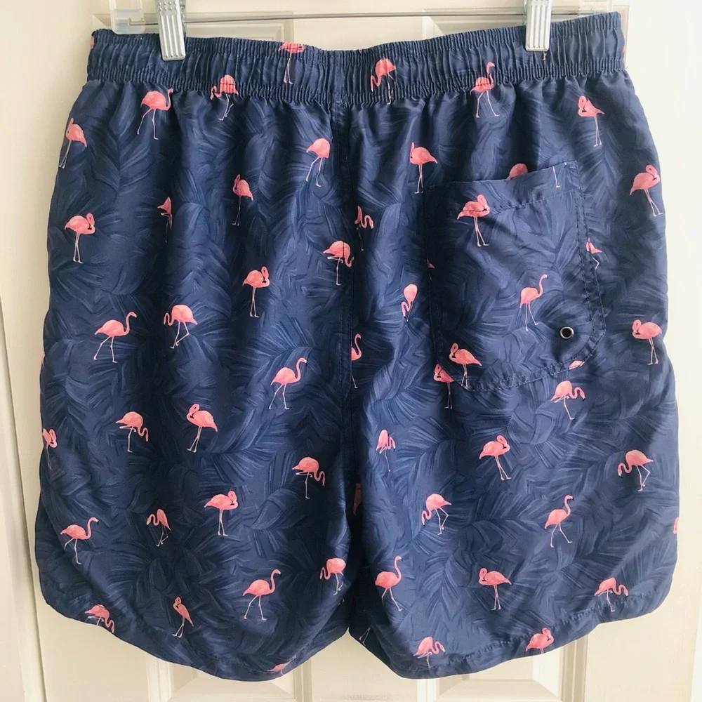 SHEIN Navy Blue Flamingo-Print Swim Trunks with White Drawstring